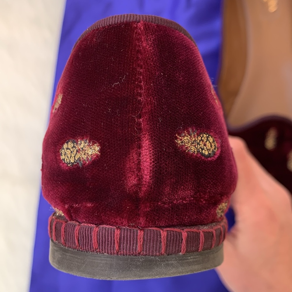 Aquazzura Maroon Velvet Embroidered Golden Pineapple Print Slip-On Ballet Flats - Picture 9 of 15